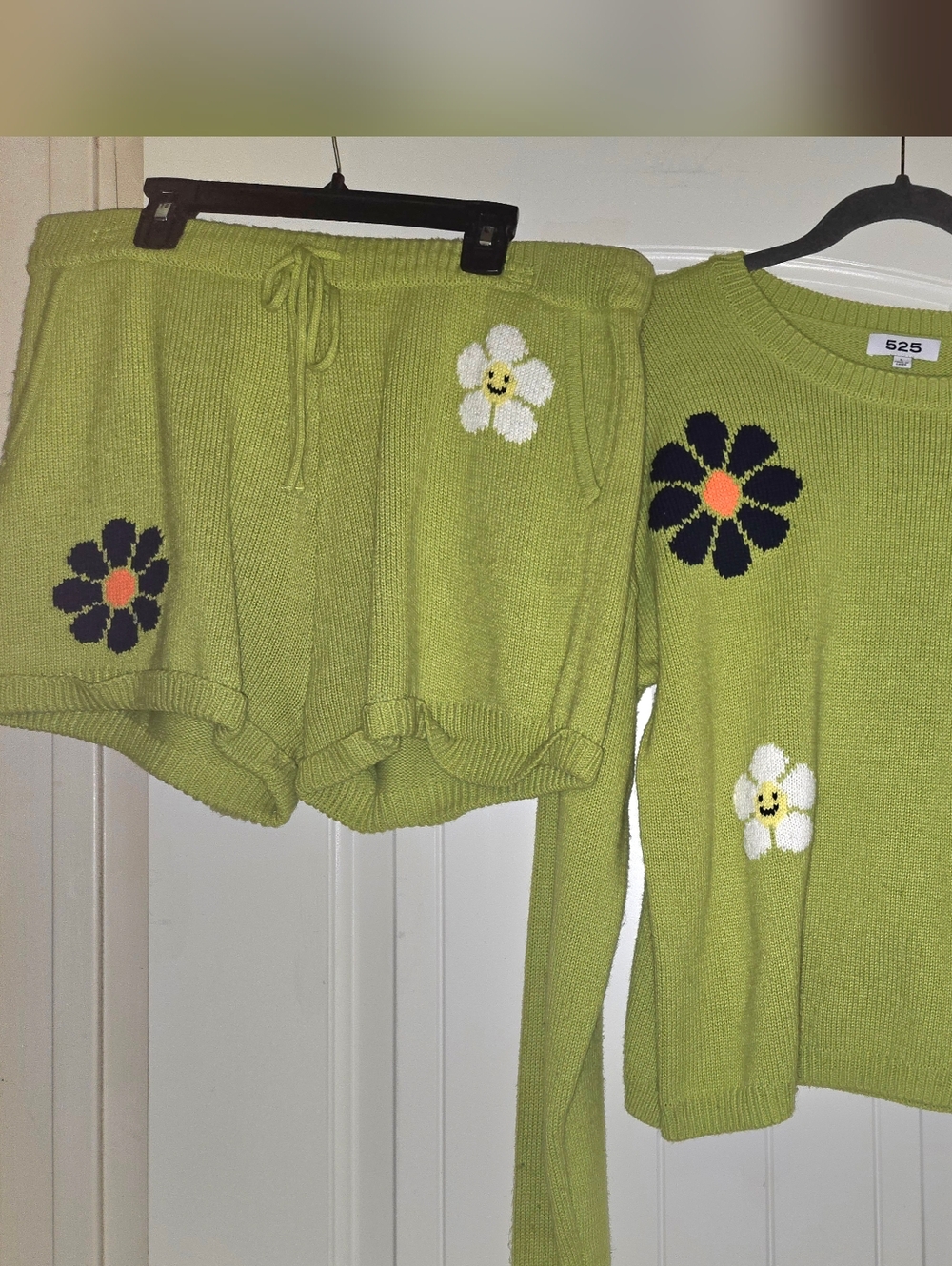 NWOT Lime Green Daisy Smiley Face Knit Sweater and Shorts Set